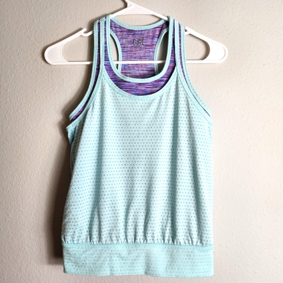Athleta Girl Blue Layered Tank Top w/Attached Sports Bra-Size 12 - Picture 1 of 12